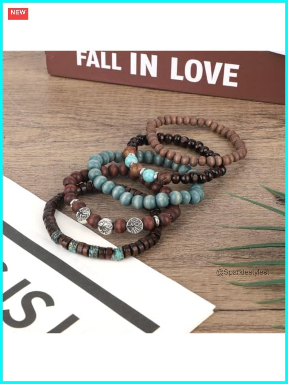 Wood Bead Stretch Bracelets Set Boho Tree Design Stackable - Picture 2 of 6